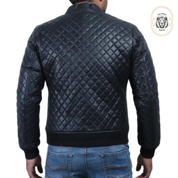 Men’s Black Quilted Leather Motorcycle Bomber Jacket - Image 2
