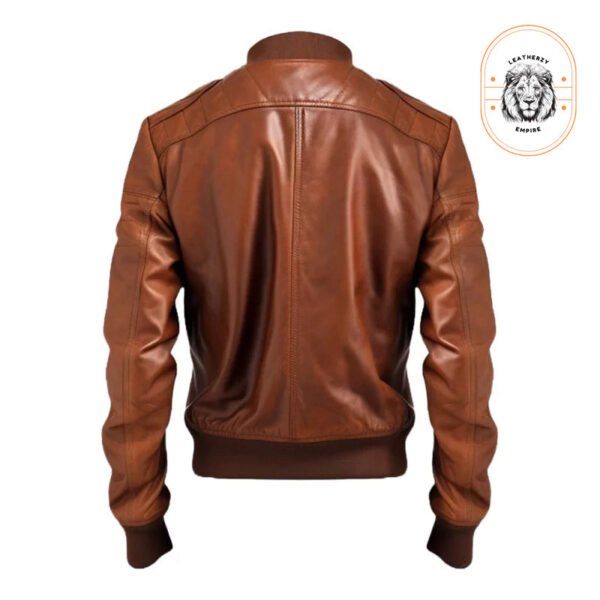 Men's Vintage Brown Leather Bomber Jacket – Classic Style with Rib-Knit Cuffs & Collar - Image 3