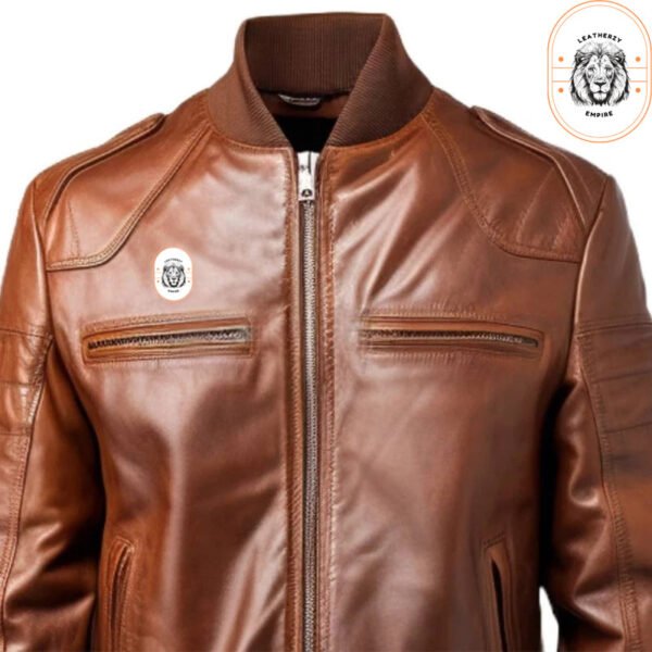 Men's Vintage Brown Leather Bomber Jacket – Classic Style with Rib-Knit Cuffs & Collar - Image 2