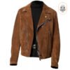 Men’s Brown Suede Moto Jacket – Classic Biker Style with Lapel Collar & Zipper Cuffs