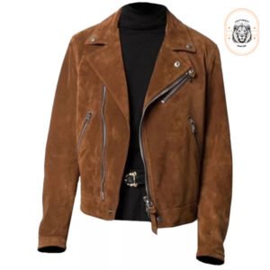 Men’s Brown Suede Moto Jacket – Classic Biker Style with Lapel Collar & Zipper Cuffs