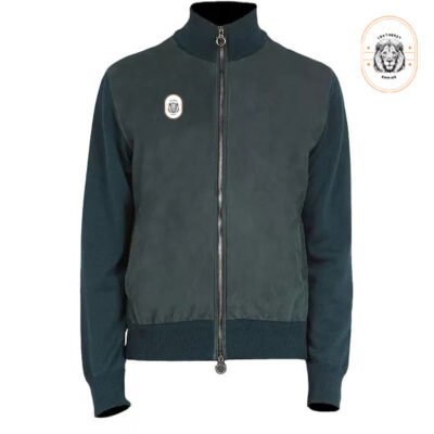 Men’s Teal Green Suede Bomber Jacket – Turtleneck Collar & Rib-Knit Cuffs