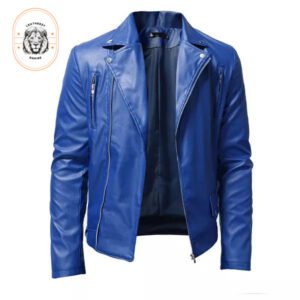 Men's Blue Leather Cafe Racer Jacket – Biker Style with Zipper Pockets