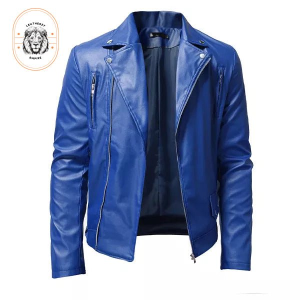 Men's Blue Leather Cafe Racer Jacket – Biker Style with Zipper Pockets