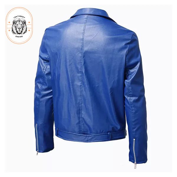 Men's Blue Leather Cafe Racer Jacket – Biker Style with Zipper Pockets - Image 2