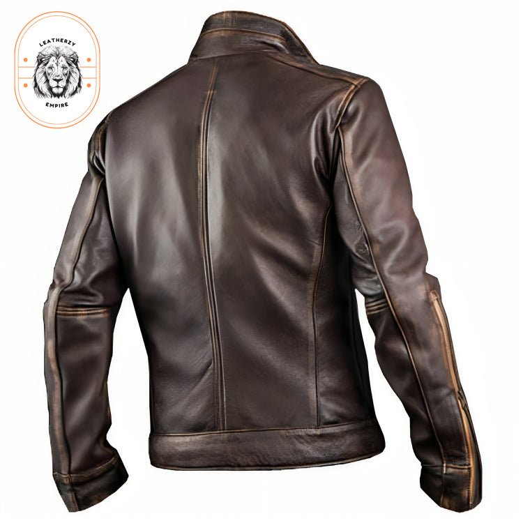 Men’s Vintage Café Racer Motorcycle Brown Leather Jacket - Leatherzy Empire - Image 3